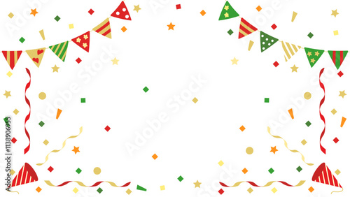 クリスマスカラーのクラッカーとガーランドと紙吹雪　アスペクト比16：9バージョン