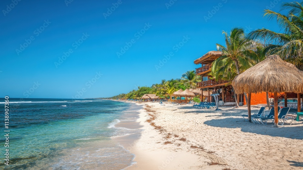 Tropical beach paradise with palm trees and ocean views. Tropical beach paradise with palm trees and ocean views.