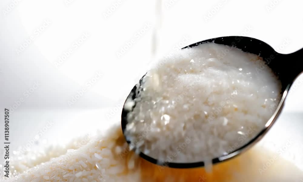 A close-up of granulated sugar in a spoon against a white background.