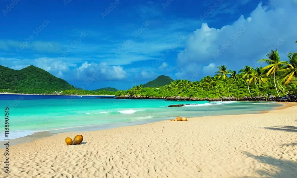 Tropical beach scene with clear water, palm trees, and mountains.