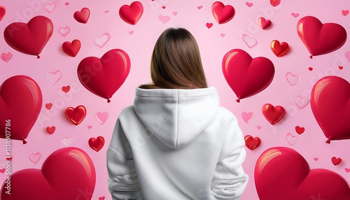 Girl in a white hoodie surrounded by romantic pink and red heart balloons in a dreamy atmosphere. Generative AI