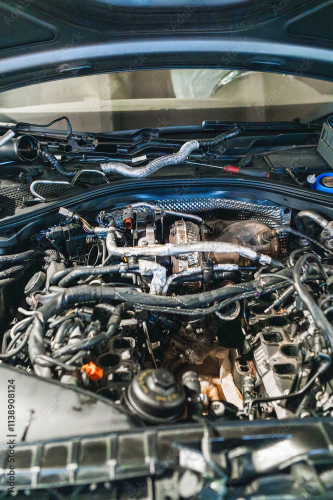 Car engine showing turbocharger and manifold in repair shop Car engine showing turbocharger and manifold in repair shop