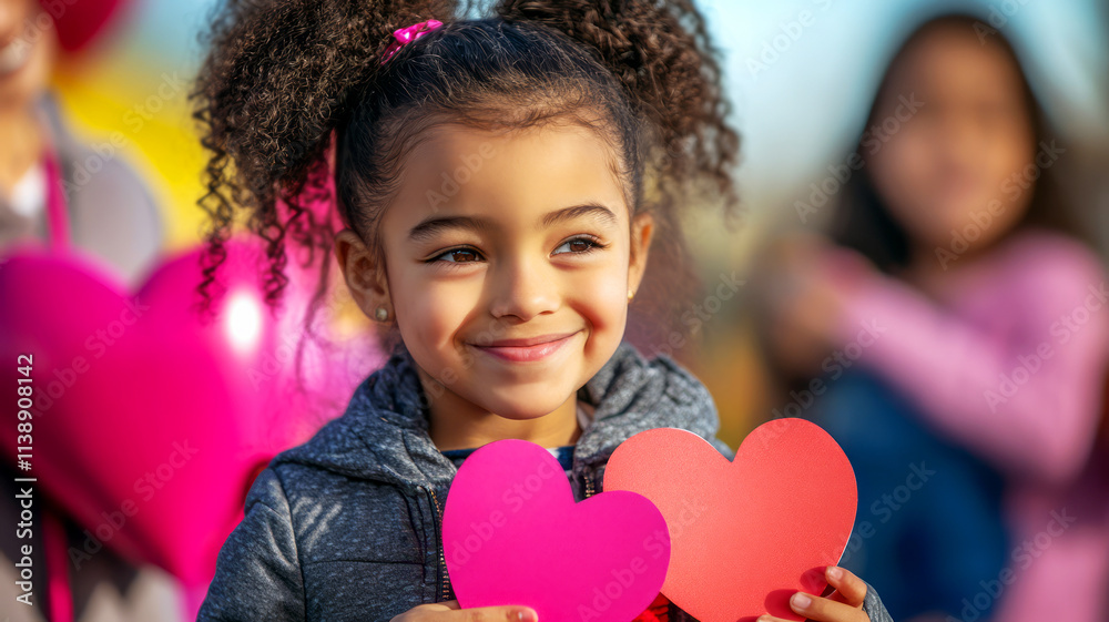 Happy Child Holding Pink Hearts with Joyful Expression at Outdoor Playful Environment Happy Child Holding Pink Hearts with Joyful Expression at Outdoor Playful Environment