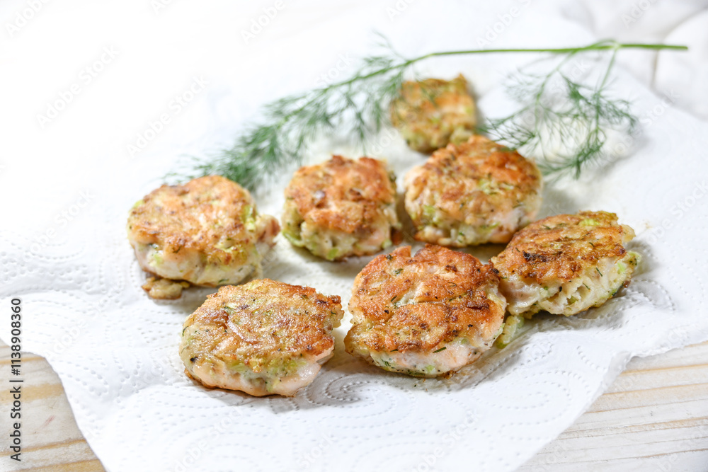 Freshsly fried fish cakes or frikadelles to drain on white kitchen paper and dill garnish, cooking finger food for a party buffet, copy space, selected focus Freshsly fried fish cakes or frikadelles to drain on white kitchen paper and dill garnish, cooking finger food for a party buffet, copy space, selected focus