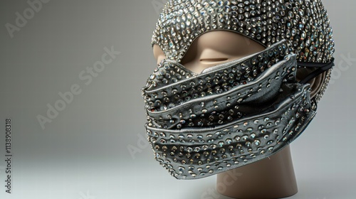 Fashionable face mask with rhinestone embellishments, displayed on a white background for a stylish, glamorous look . photo