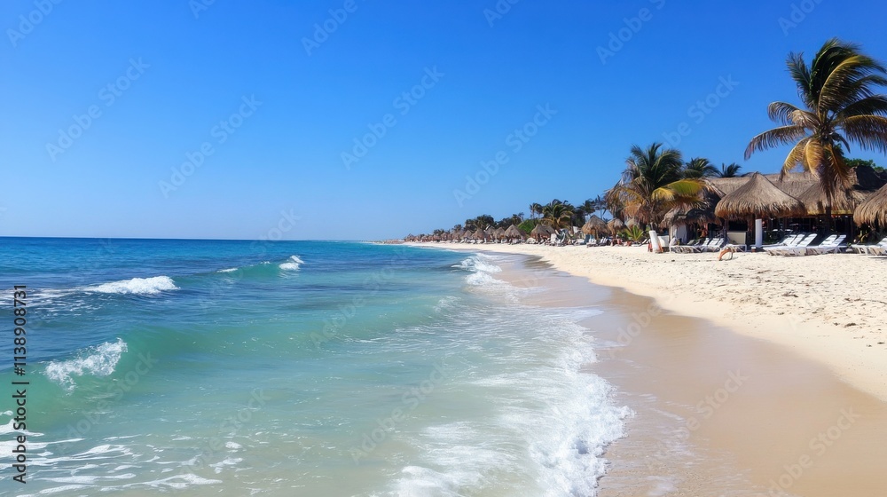 Obraz premium Tropical beach paradise: Turquoise water, white sand, and palm trees.