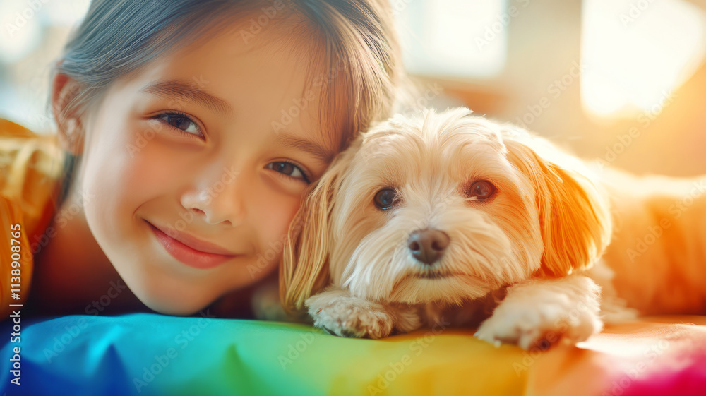 Joyful Moment Between Young Girl and Adorable Small Dog at Home on Colorful Blanket Joyful Moment Between Young Girl and Adorable Small Dog at Home on Colorful Blanket