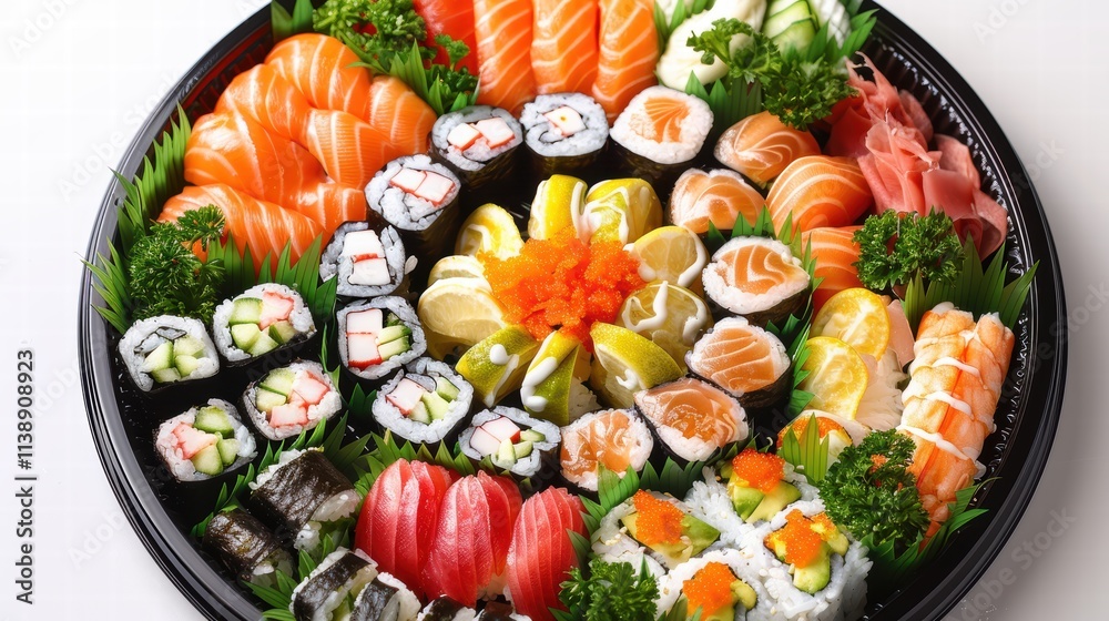 Fresh sushi platter with vibrant rolls, sashimi, and garnishes, arranged neatly on a white background for a clean, appetizing look . Fresh sushi platter with vibrant rolls, sashimi, and garnishes, arranged neatly on a white background for a clean, appetizing look .
