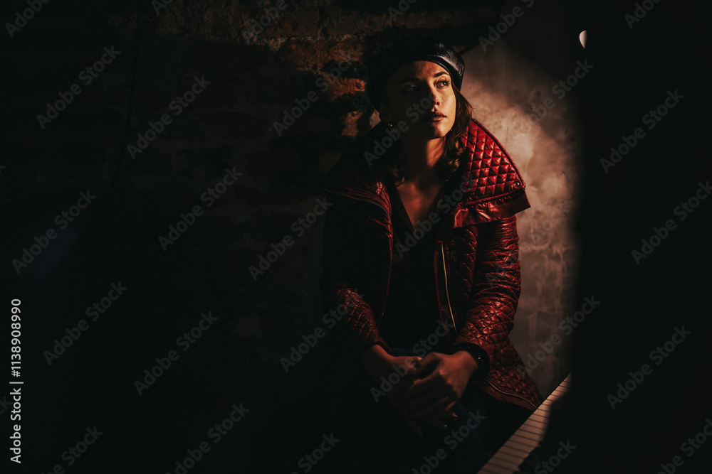 A woman sits in a shadowy room wearing a red coat, exuding a mysterious and contemplative mood. The soft lighting emphasizes her thoughtful expression in a dark, intimate setting. A woman sits in a shadowy room wearing a red coat, exuding a mysterious and contemplative mood. The soft lighting emphasizes her thoughtful expression in a dark, intimate setting.