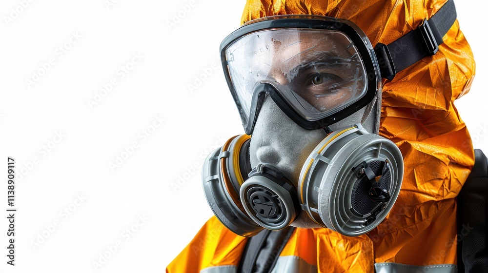 Full-face respirator mask attached to a protective suit, isolated on a white background to showcase its advanced filtration and safety features .
