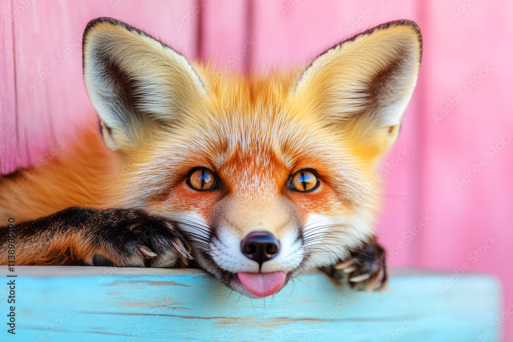 Fototapeta premium Adorable Red Fox Relaxing with Playful Expression Against Colorful Background