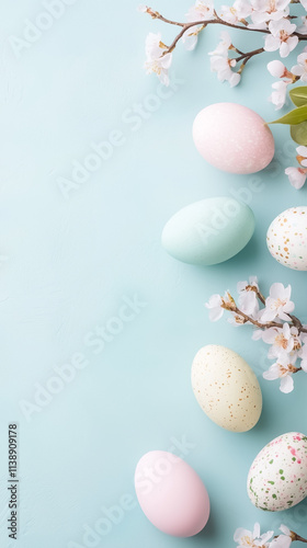 Delicate cherry blossoms frame soft pastel eggs on a tranquil blue backdrop, celebrating the essence of spring