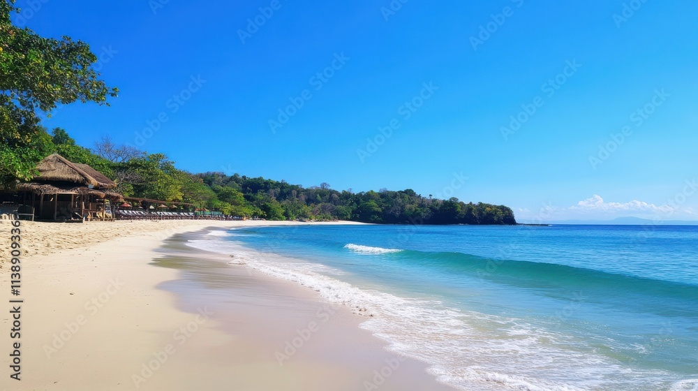Tropical beach paradise with thatched huts. Tropical beach paradise with thatched huts.