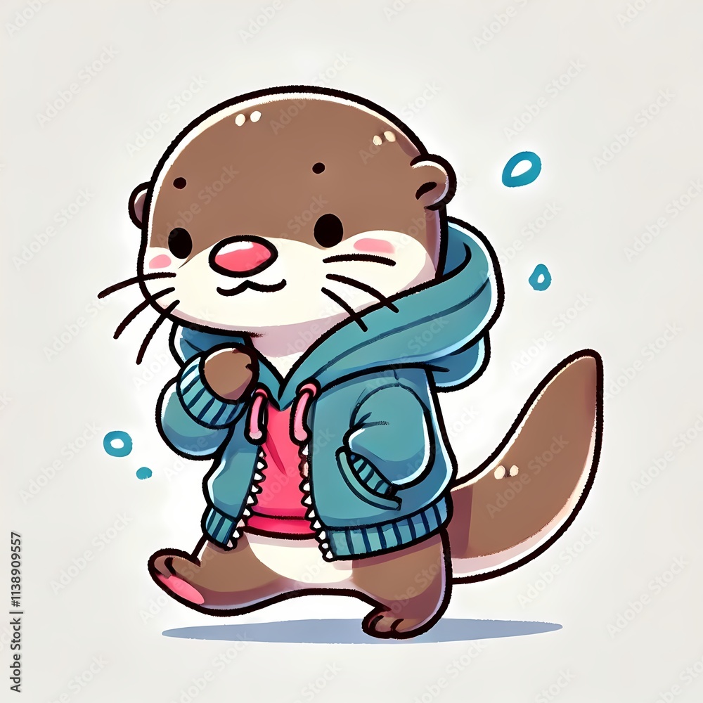 Naklejka premium Cute Otter Walking With Hoodie Jacket Cartoon Vector Icon Illustration