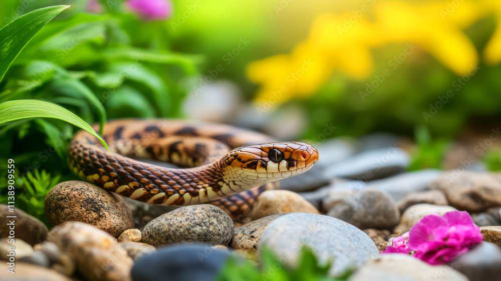 Fototapeta premium Close-Up of Colorful Snake Crawling Over Smooth Pebbles Surrounded by Vibrant Flora