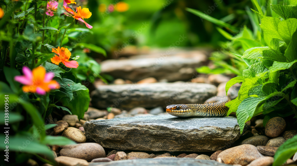Serpent on Stone Path Surrounded by Colorful Flowers in Lush Garden Setting