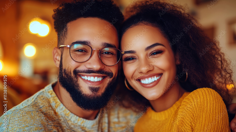 Happy Couple Smiling Together in a Cozy Cafe Setting with Warm Lighting and Natural Expressions Happy Couple Smiling Together in a Cozy Cafe Setting with Warm Lighting and Natural Expressions