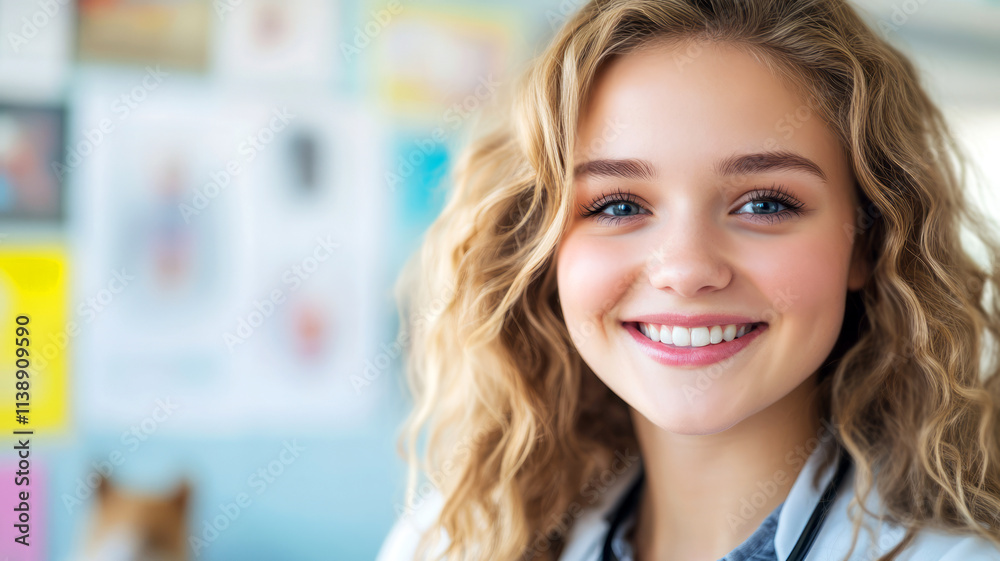Smiling Young Female Doctor with Curly Hair in a Bright Clinic Environment Smiling Young Female Doctor with Curly Hair in a Bright Clinic Environment