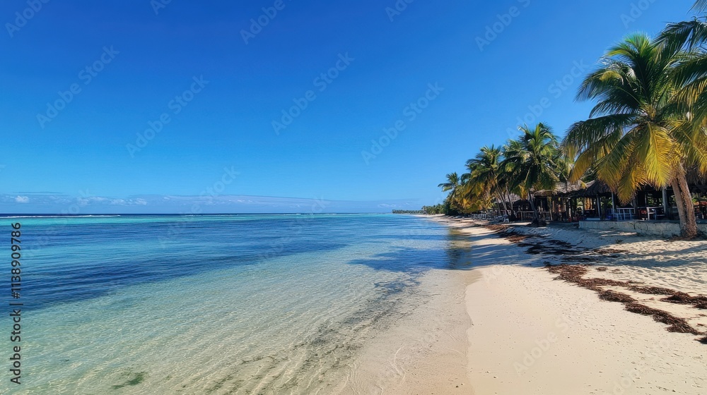 Tropical beach paradise with palm trees and clear water. Tropical beach paradise with palm trees and clear water.