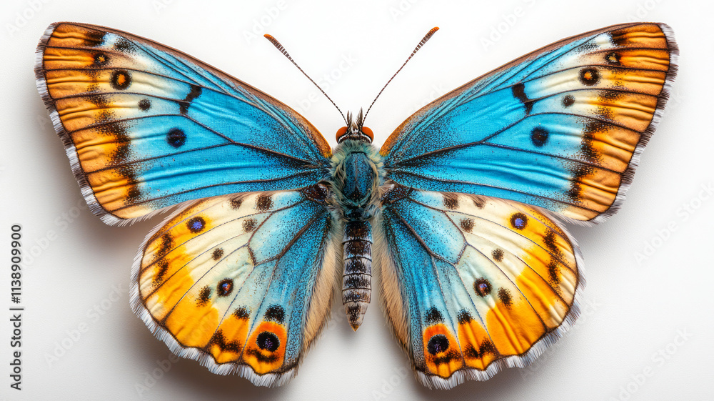 Obraz premium Vibrant Blue Butterfly with Bright Orange Spots on White Background