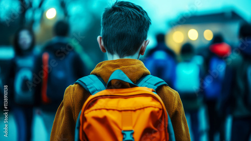 Young Boy with Backpack Walking Toward Crowd of Students in Suburban Street at Dusk