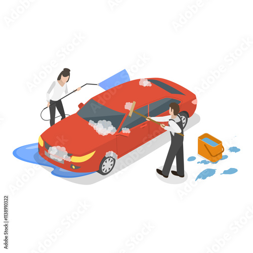 3D Isometric Flat Vector Illustration of Car Washing, Professional Cleaning Services. Item 3