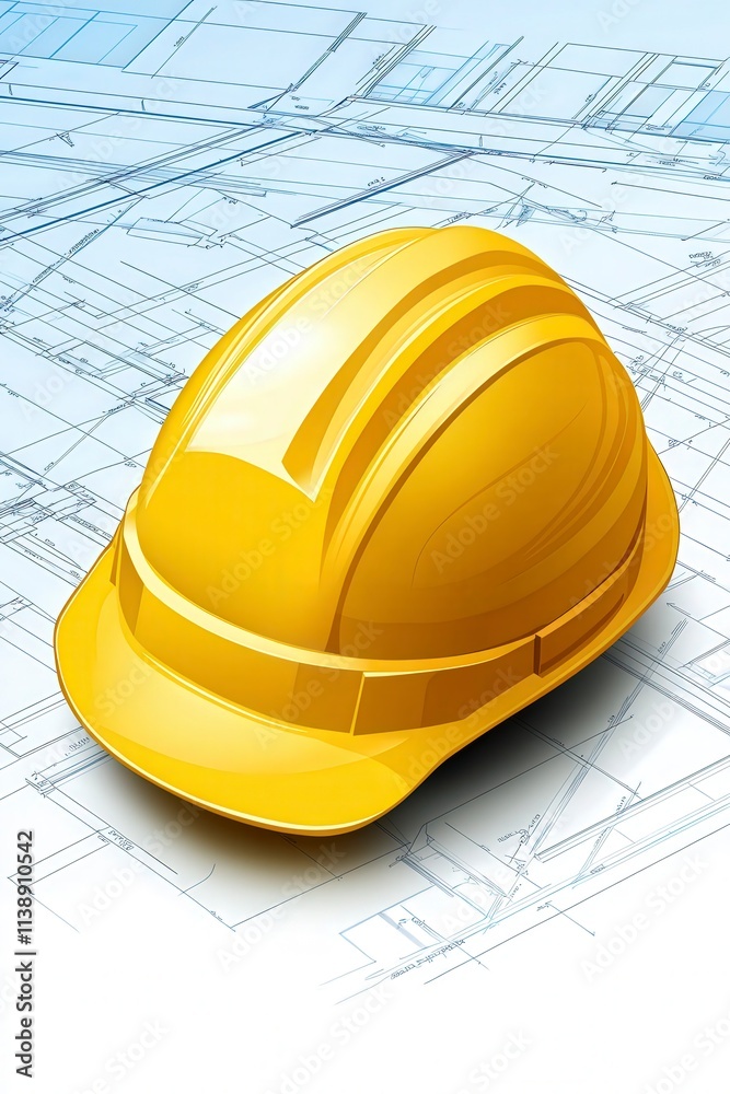 A Bright Yellow Construction Helmet on a Blueprint Background Symbolizing Safety and Professionalism in the Construction and Engineering Industry A Bright Yellow Construction Helmet on a Blueprint Background Symbolizing Safety and Professionalism in the Construction and Engineering Industry