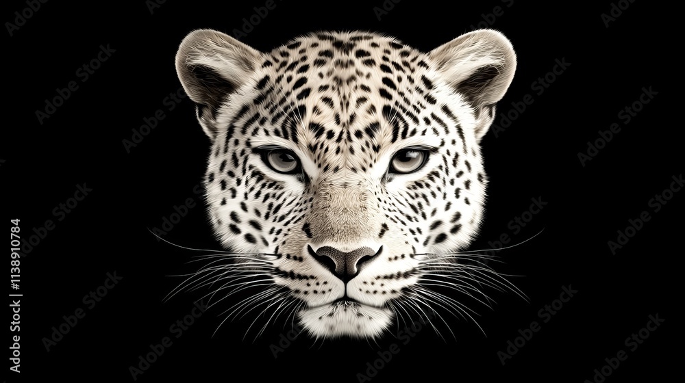 Obraz premium intense leopard portrait, focused stare, realistic fur details, digital art concept, black background, isolated on white background