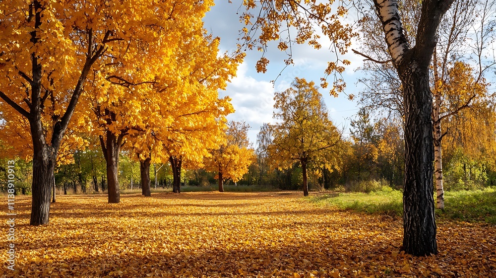 Golden Autumn Park. Scenic landscape with colorful trees and fallen leaves. Golden Autumn Park. Scenic landscape with colorful trees and fallen leaves.