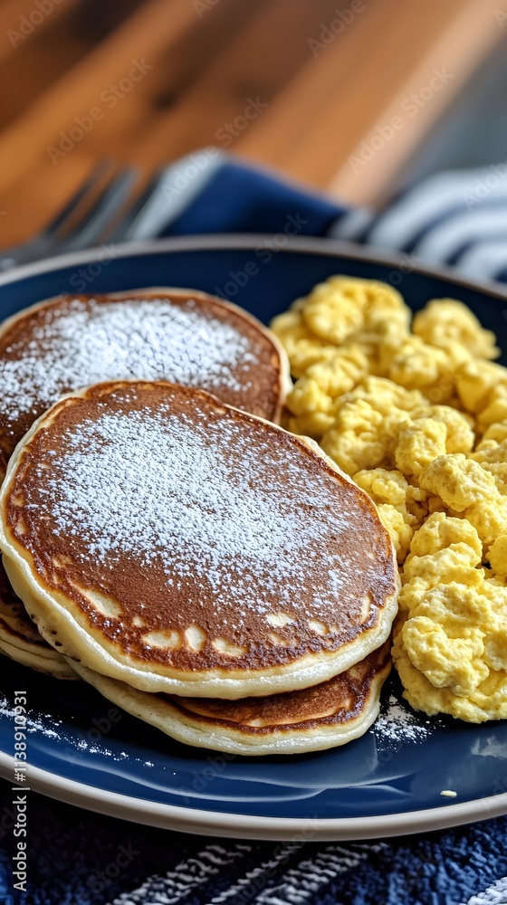 A plate of fluffy pancakes topped with powdered sugar alongside scrambled eggs. A plate of fluffy pancakes topped with powdered sugar alongside scrambled eggs.