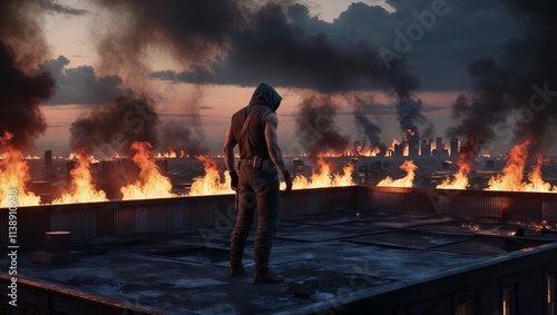 A dramatic rooftop scene showing a hooded figure watching a burning city skyline engulfed in fire and smoke. photo