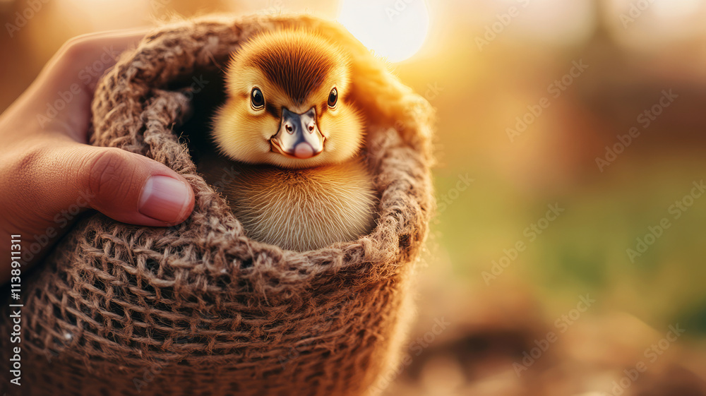 Obraz premium Cute Duckling Wrapped in Burlap Bag at Sunset with Warm Glowing Light in Nature Setting