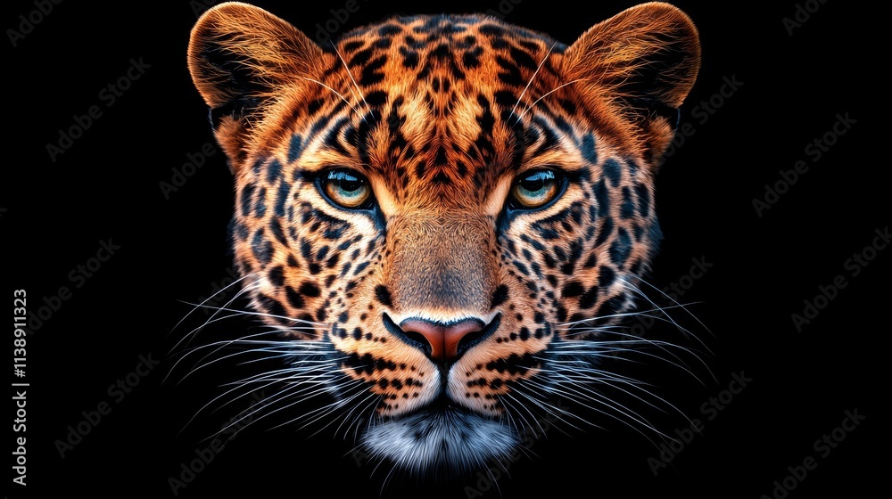 Obraz premium Intense close-up of a leopard's face, vibrant fur texture with deep shadows, black background, digital art style emphasizing danger and elegance