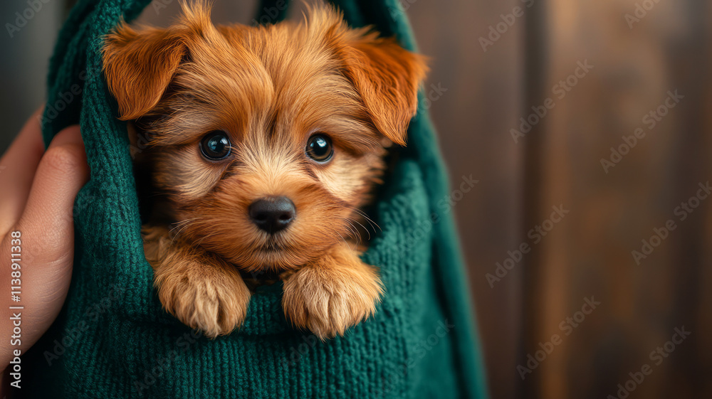 Adorable Small Puppy Peeking Out from Cozy Green Sweater in Warm Indoor Setting Adorable Small Puppy Peeking Out from Cozy Green Sweater in Warm Indoor Setting
