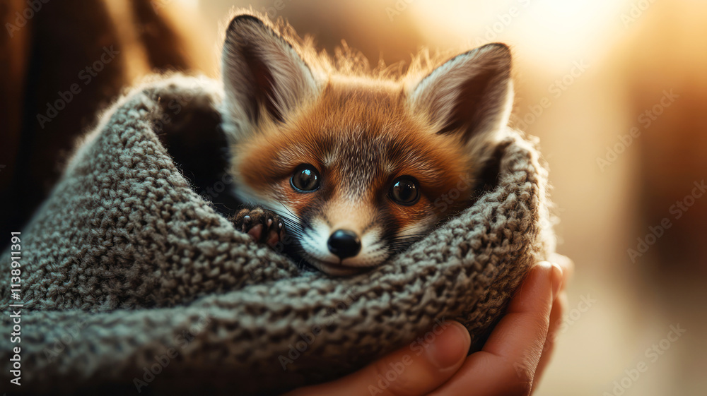 Adorable Fox Kit Cuddled in Cozy Knitted Blanket with Warm Soft Light Background Adorable Fox Kit Cuddled in Cozy Knitted Blanket with Warm Soft Light Background