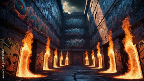 Flames erupt dramatically from graffiti covered alley walls, creating a dystopian, fiery urban spectacle. photo