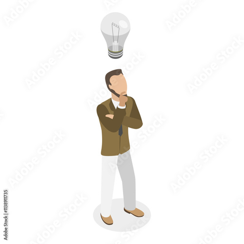 3D Isometric Flat Vector Illustration of Thinking About a Solution, Happy Inventor. Item 1