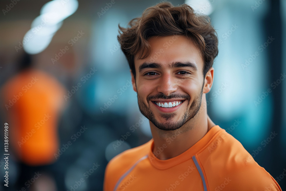 Fototapeta premium Young smiling gym trainer, blurred gym background