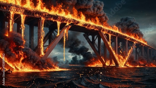 A hyper realistic depiction of a collapsing bridge engulfed in flames and molten steel, illuminating a smoky, apocalyptic scene. photo