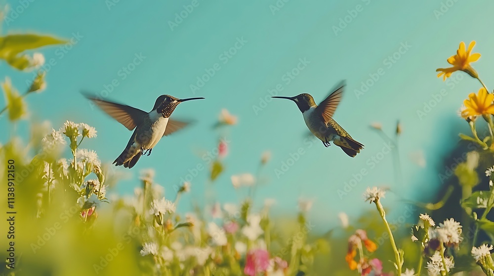 Fototapeta premium Two hummingbirds in flight over colorful wildflowers.