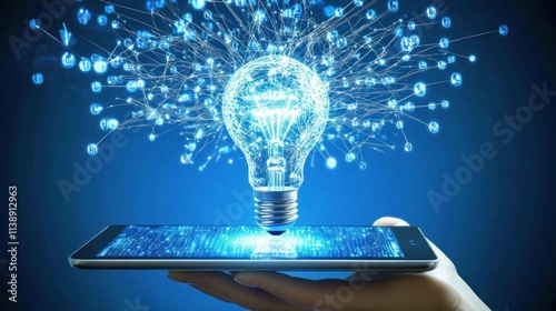 A hand holds a tablet in its hand, its screen is lit and above it is a light bulb connected to various cables, symbolizing innovation and ideas transformed by technology