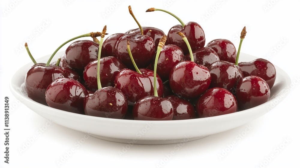 Fresh, ripe red cherries in a white bowl.