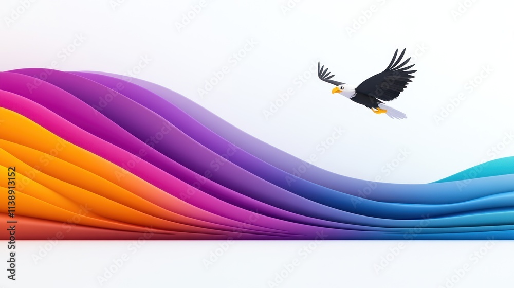 Fototapeta premium Colorful waves with an eagle soaring above, symbolizing freedom.