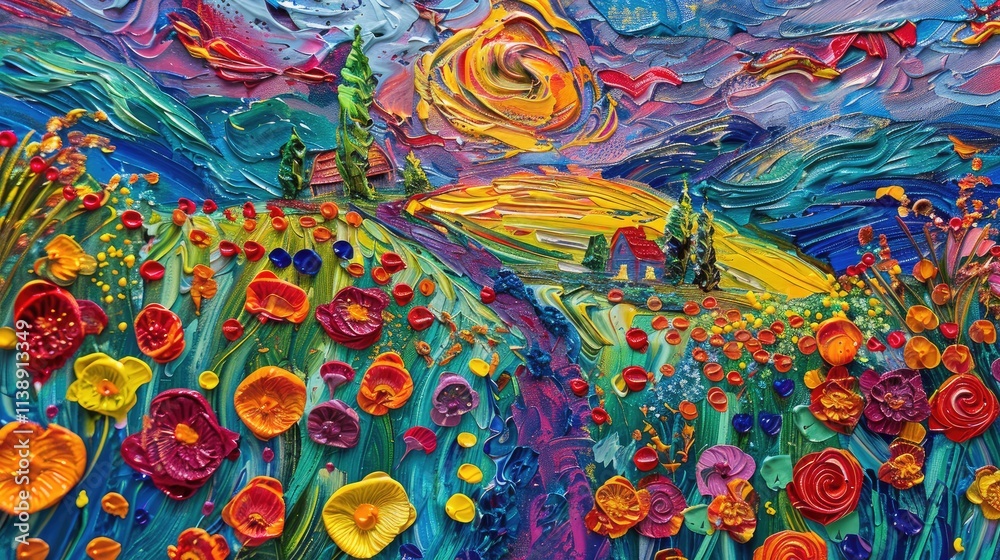 Abstract a colorful flowers fields with a house at the end of road. Impasto painting Abstract a colorful flowers fields with a house at the end of road. Impasto painting