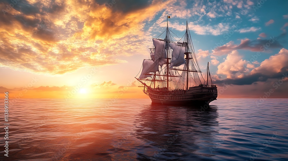 Fototapeta premium Vintage sailing ship at sunset. Concept of adventure, exploration, and maritime history.