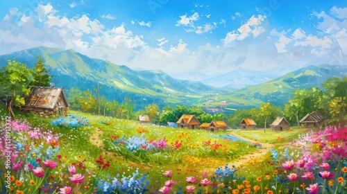 A Oil painting Panorama of a landscape, angle view of a valley fill full up grass and Beautiful abstract colorful flowers, blue sky, some wood houses, on canvas. impasto painting.