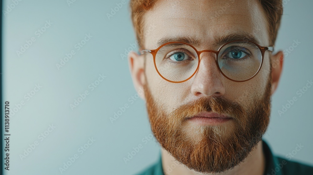 Fototapeta premium Business goal setting and strategic planning. A close-up portrait of a man with glasses and a red beard, showcasing thoughtfu.