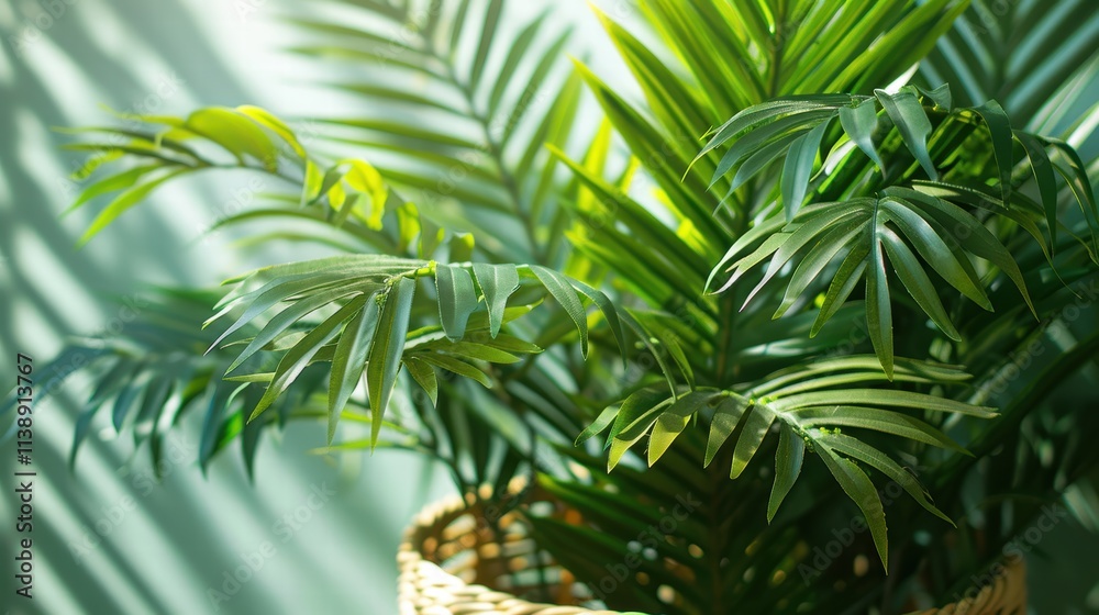Lifelike artificial palm tree with multiple fronds in a wicker basket, arranged on a white background for a tropical feel . Lifelike artificial palm tree with multiple fronds in a wicker basket, arranged on a white background for a tropical feel .