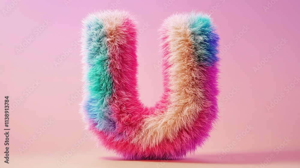 Fluffy Rainbow U Letter on Pink Background Fluffy Rainbow U Letter on Pink Background