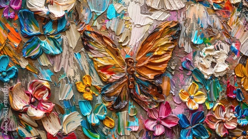 abstract rough brown butterfly and border colorful multicolored organic floral spring flowers, art painting texture, with oil acrylic brushstroke, pallet knife paint on canvas wallpaper photo